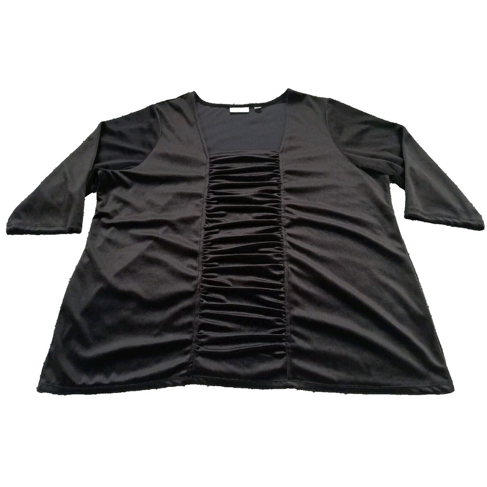 Avenue Tunic Top Women's Plus Size 26/28 Black Velvet 3/4‎ Sleeve Ruched Front